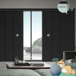 Motorized blackout vertical panel blinds in midnight strip black with rechargeable motor, ideal for sliding doors and wide windows.