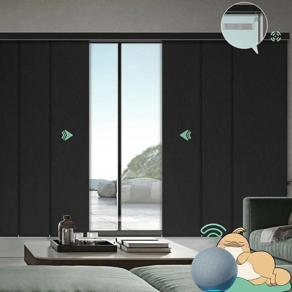 Motorized blackout vertical panel blinds in midnight strip black with rechargeable motor, ideal for sliding doors and wide windows.