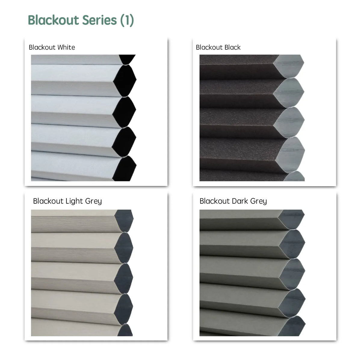 Blackout series motorized day night cellular shades fabric samples  — White, Black, Light Grey,  Dark Grey.