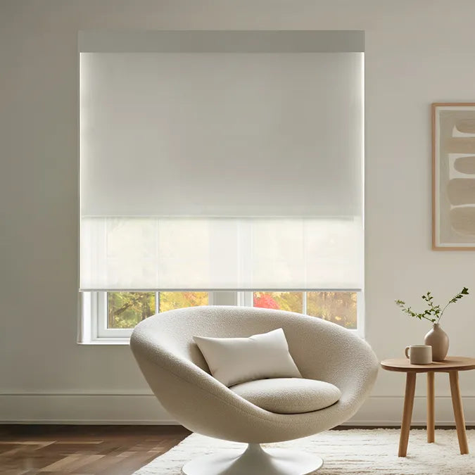 Shop motorized dual roller shades with blackout and light filtering in one shade
