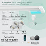 Custom panel track blind features solar charging, custom width options from 59 to 177 inches, and flexible panel configurations.