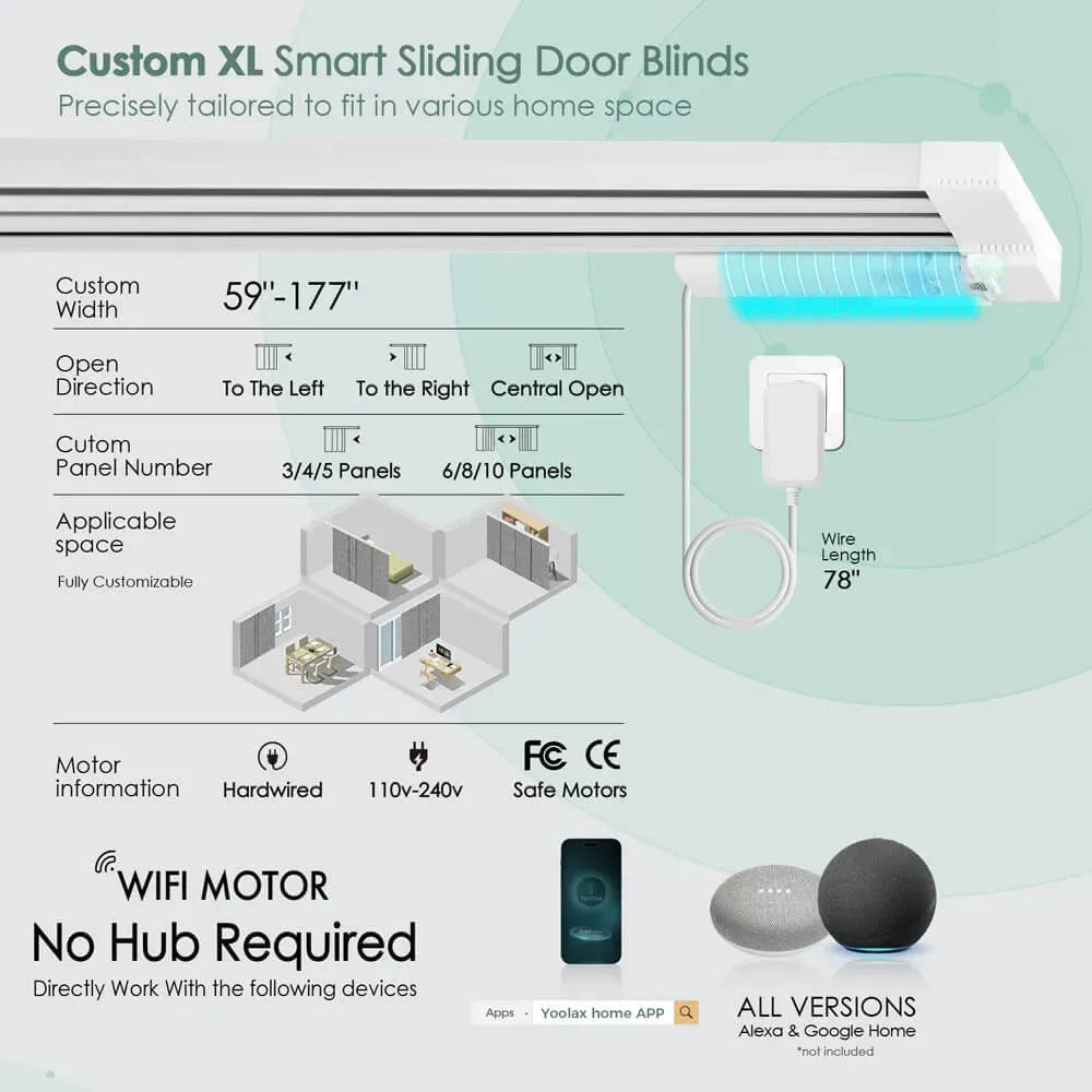 Custom panel track blind features solar charging, custom width options from 59 to 177 inches, and flexible panel configurations.