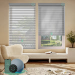Motorized light-filtering horizontal sheer shades with narrow grey fabric, balancing soft light with moderate privacy via smart control.