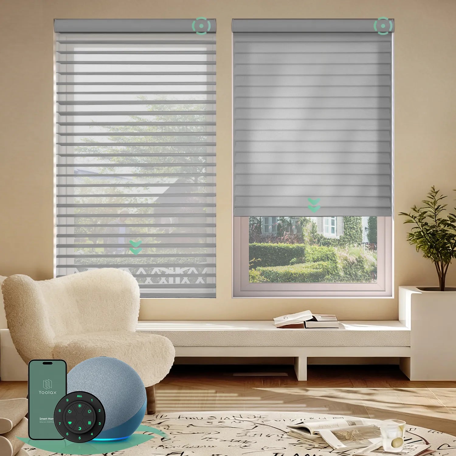 Motorized light-filtering horizontal sheer shades with narrow grey fabric, balancing soft light with moderate privacy via smart control.