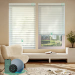 Motorized horizontal sheer shades with wide texture linen light-filtering fabric, offering soft light and moderate privacy through smart control.