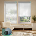 Motorized light-filtering horizontal sheer shades with wide white fabric, balancing soft light with moderate privacy via smart control.