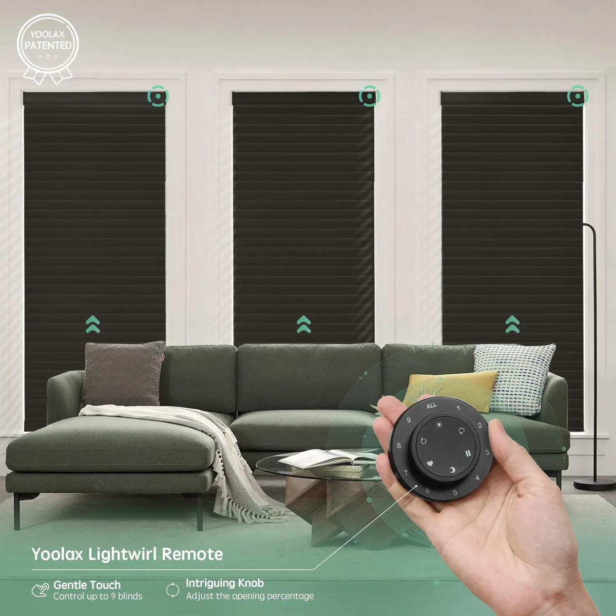 Black 55mm horizontal sheer shades controllable via remote, supporting simultaneous control of up to 16 shades.