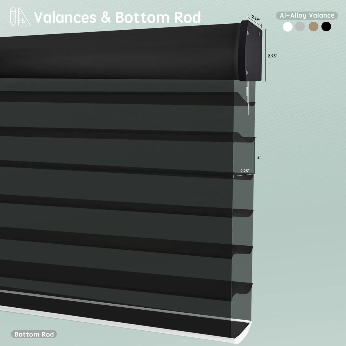 Horizontal sheer shades with aluminum valance options, featuring bottom rods for clean, structured finish.