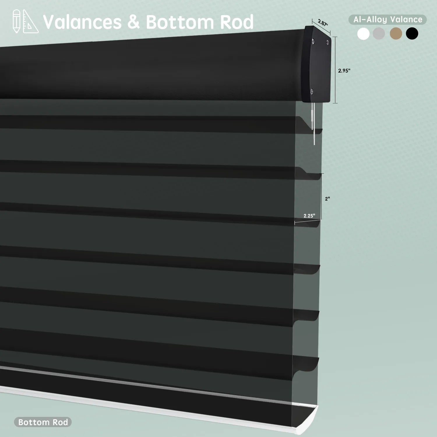Horizontal sheer shades with aluminum valance options, featuring bottom rods for clean, structured finish.