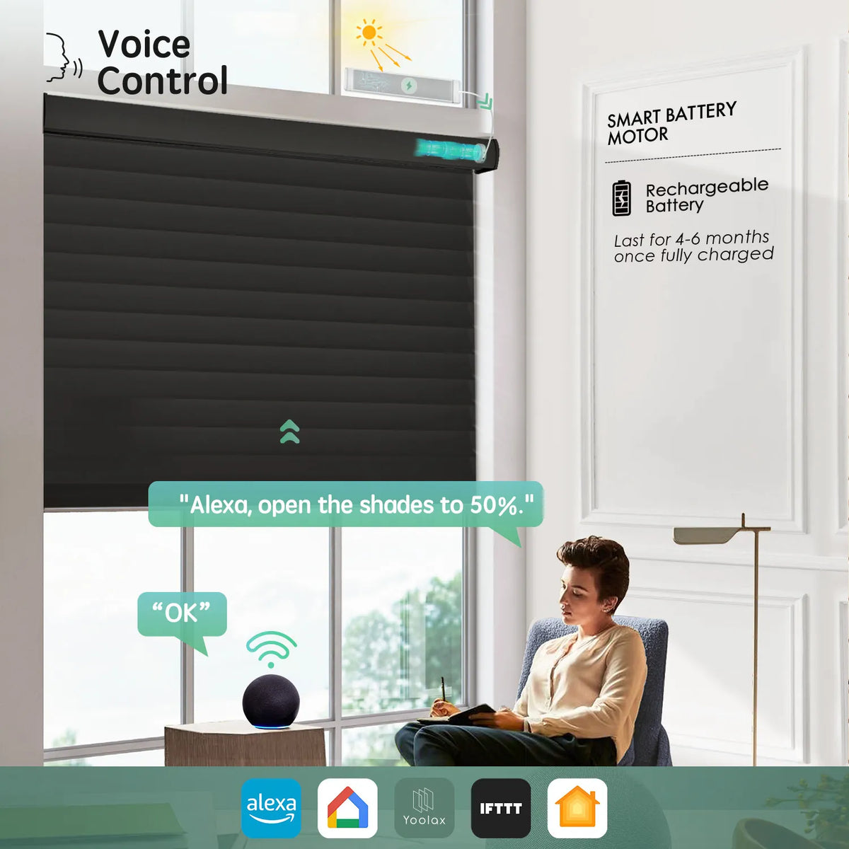 Black 55mm horizontal sheer shades with voice control, seamlessly working with Alexa, Google Home, and HomeKit and more.