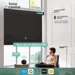 Black 55mm horizontal sheer shades with voice control, seamlessly working with Alexa, Google Home, and HomeKit and more.