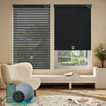 Motorized room darkening horizontal sheer shades with narrow black fabric, gently filtering sunlight for a subdued, room-darkening effect.
