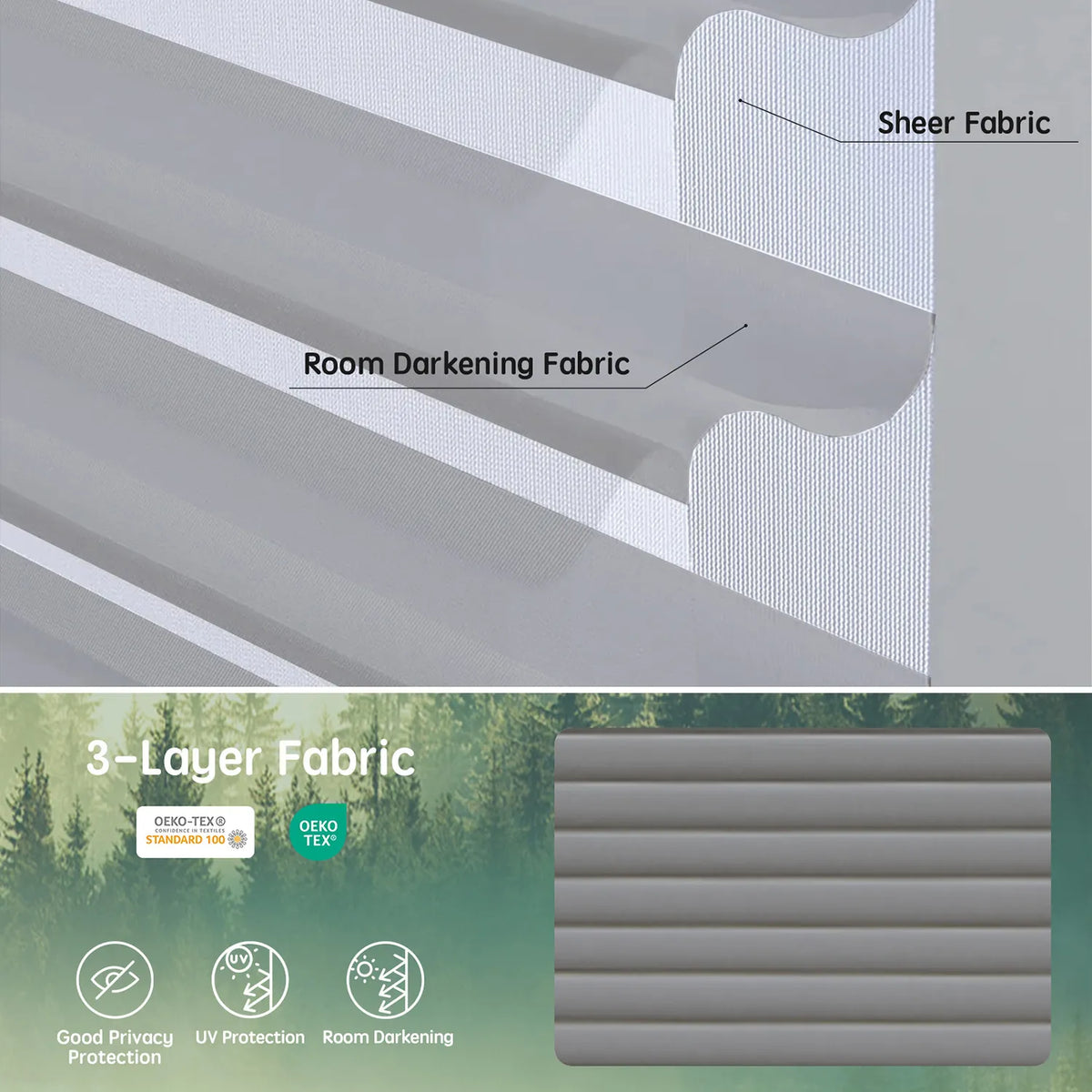 Grey 55mm 3-layer fabric for horizontal sheer shades, featuring one room darkening layer and two sheer layers for balanced light control, UV protection, and certified safety.