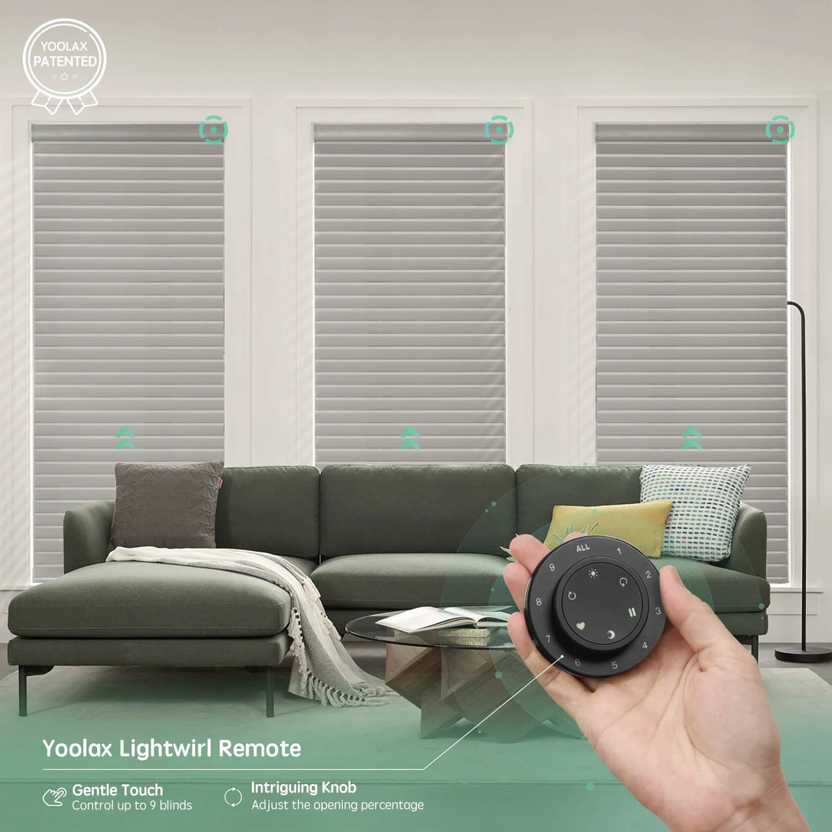 Grey 55mm horizontal sheer shades controllable via remote, supporting simultaneous control of up to 16 shades.