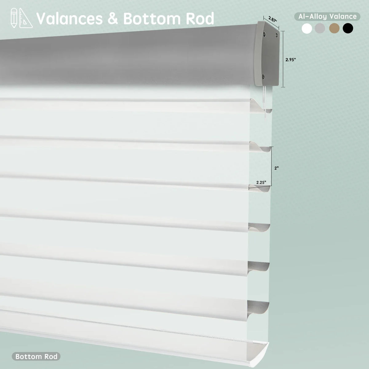Horizontal sheer shades with aluminum valance options, featuring bottom rods for clean, structured finish.