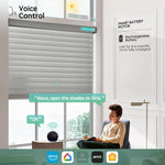 Grey 55mm horizontal sheer shades with voice control, seamlessly working with Alexa, Google Home, and HomeKit and more.