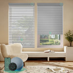 Motorized room darkening horizontal sheer shades with narrow grey fabric, gently filtering sunlight for a subdued, room-darkening effect.