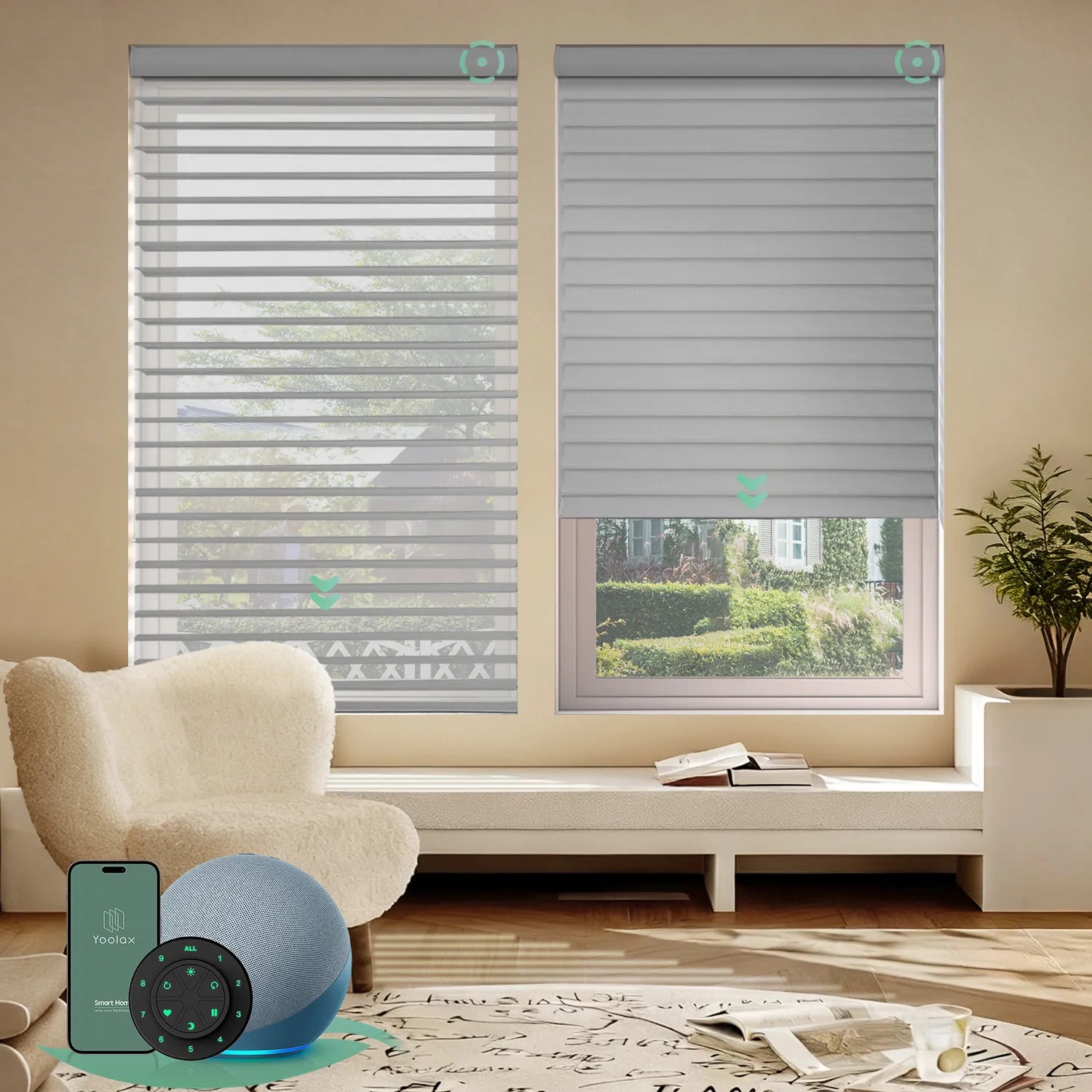 Motorized room darkening horizontal sheer shades with narrow grey fabric, gently filtering sunlight for a subdued, room-darkening effect.