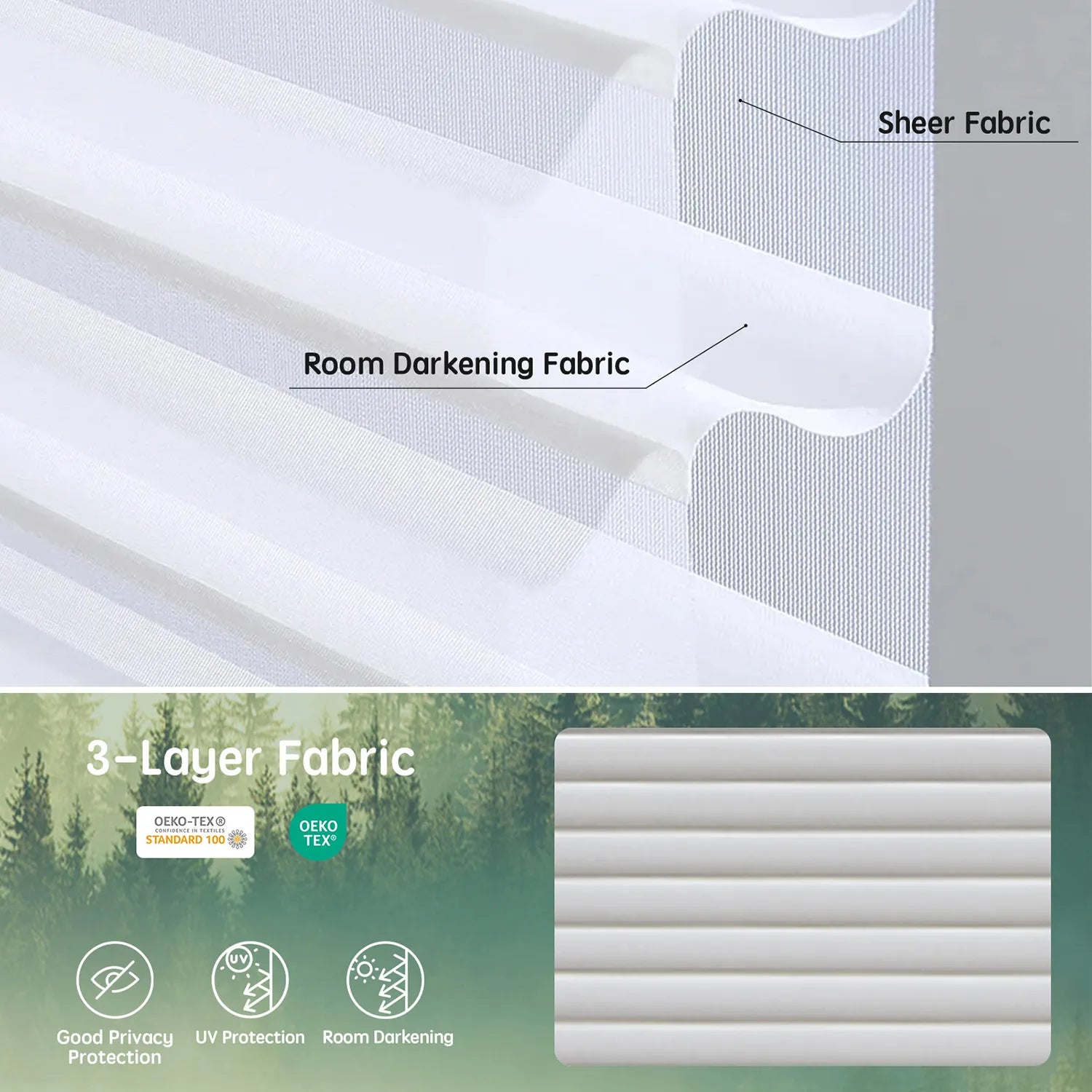 White 55mm 3-layer fabric for horizontal sheer shades, featuring one room darkening layer and two sheer layers for balanced light control, UV protection, and certified safety.