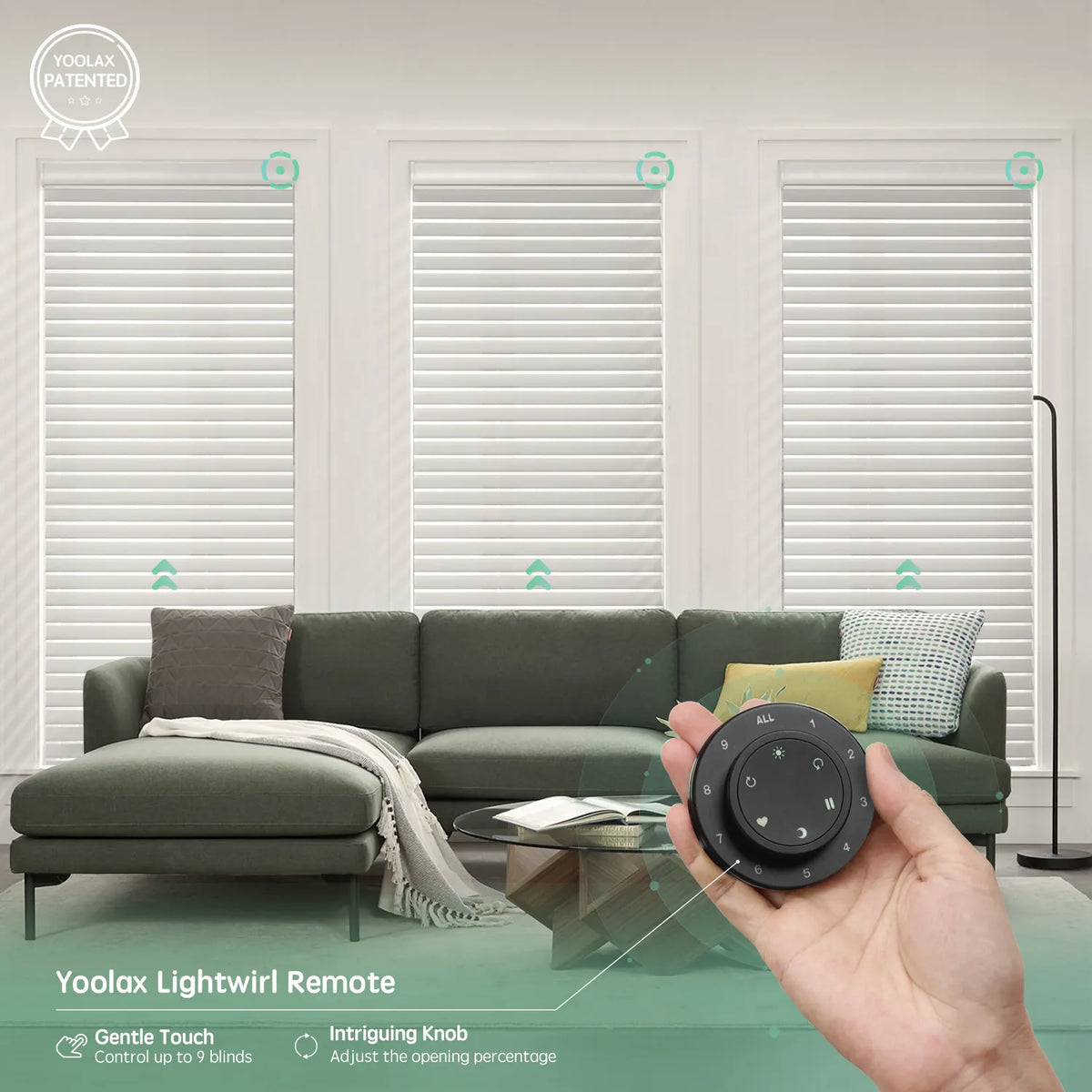White 55mm horizontal sheer shades controllable via remote, supporting simultaneous control of up to 16 shades.