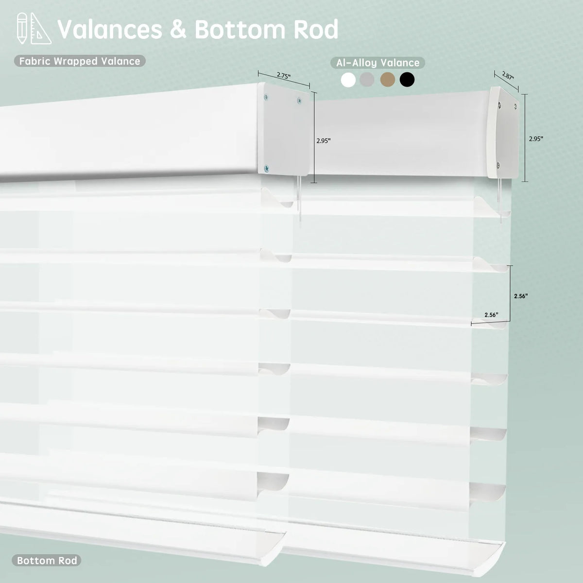 Horizontal sheer shades with white fabric-wrapped and aluminum valance options, featuring bottom rods for clean, structured finish.