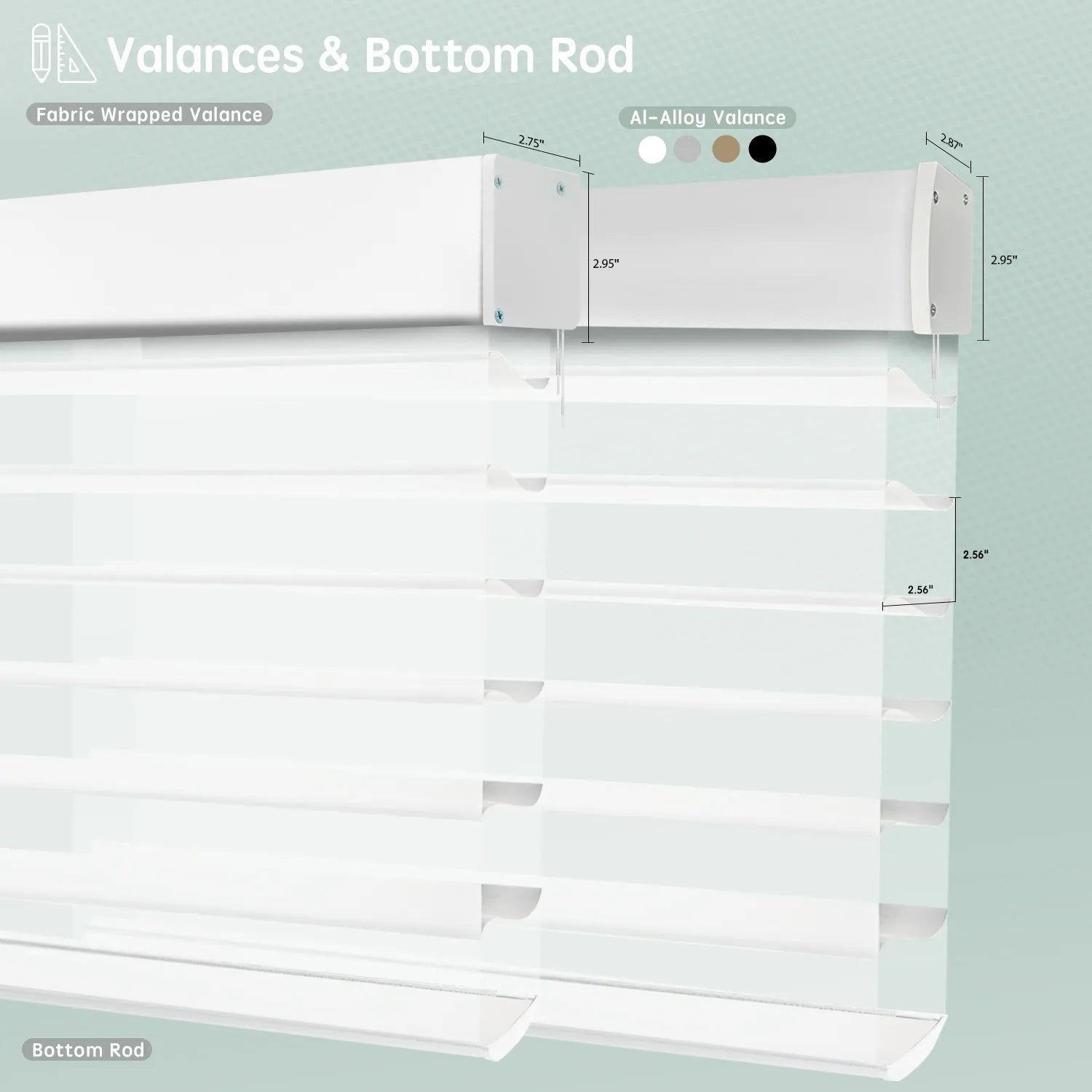 Horizontal sheer shades with white fabric-wrapped and aluminum valance options, featuring bottom rods for clean, structured finish.