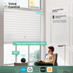 White 55mm horizontal sheer shades with voice control, seamlessly working with Alexa, Google Home, and HomeKit and more.