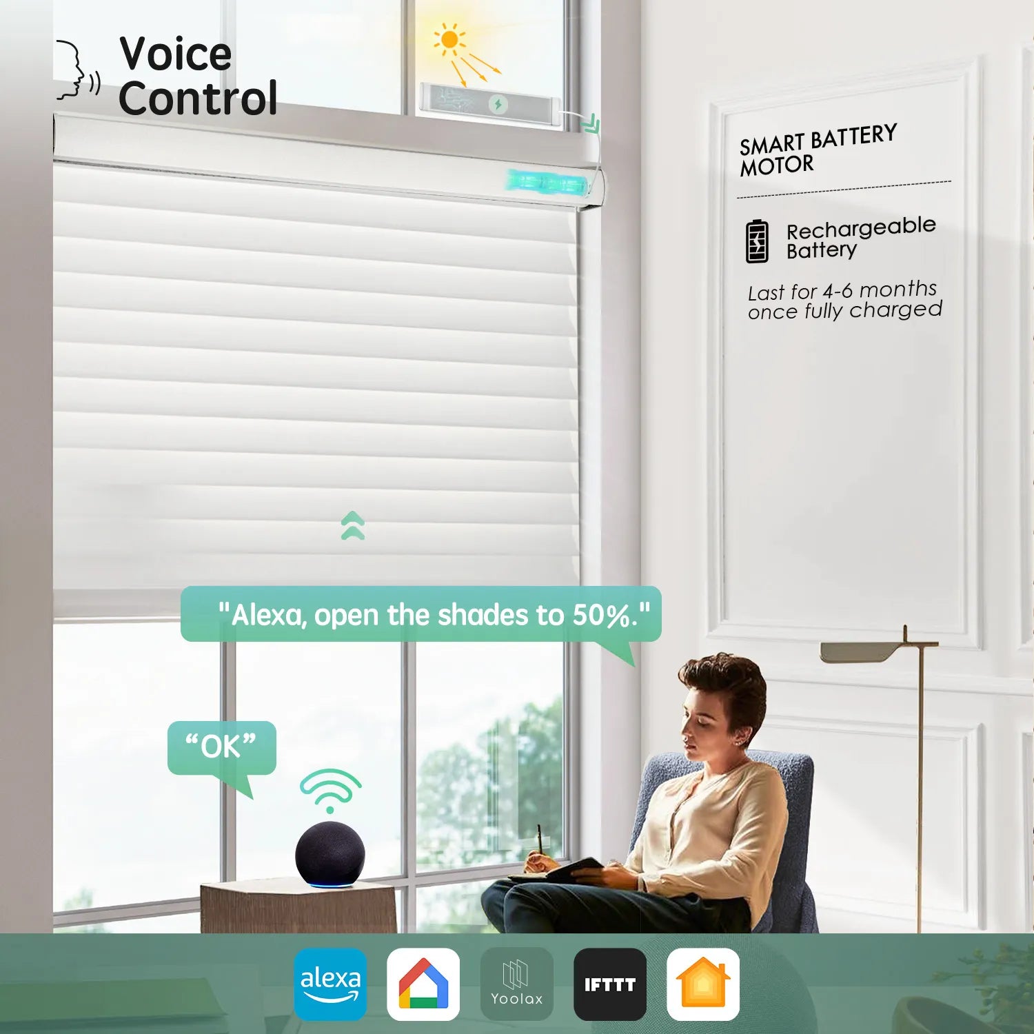 White 55mm horizontal sheer shades with voice control, seamlessly working with Alexa, Google Home, and HomeKit and more.