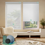 Motorized room darkening horizontal sheer shades with narrow white fabric, gently filtering sunlight for a subdued, room-darkening effect.