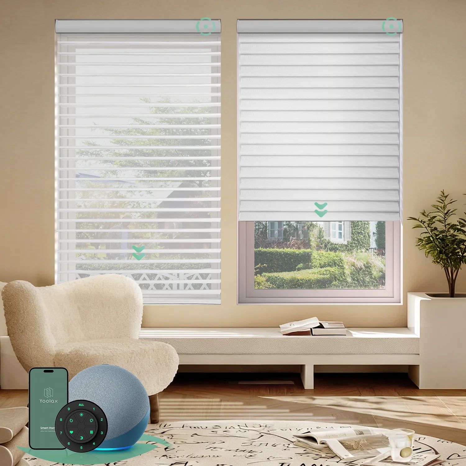 Motorized room darkening horizontal sheer shades with narrow white fabric, gently filtering sunlight for a subdued, room-darkening effect.
