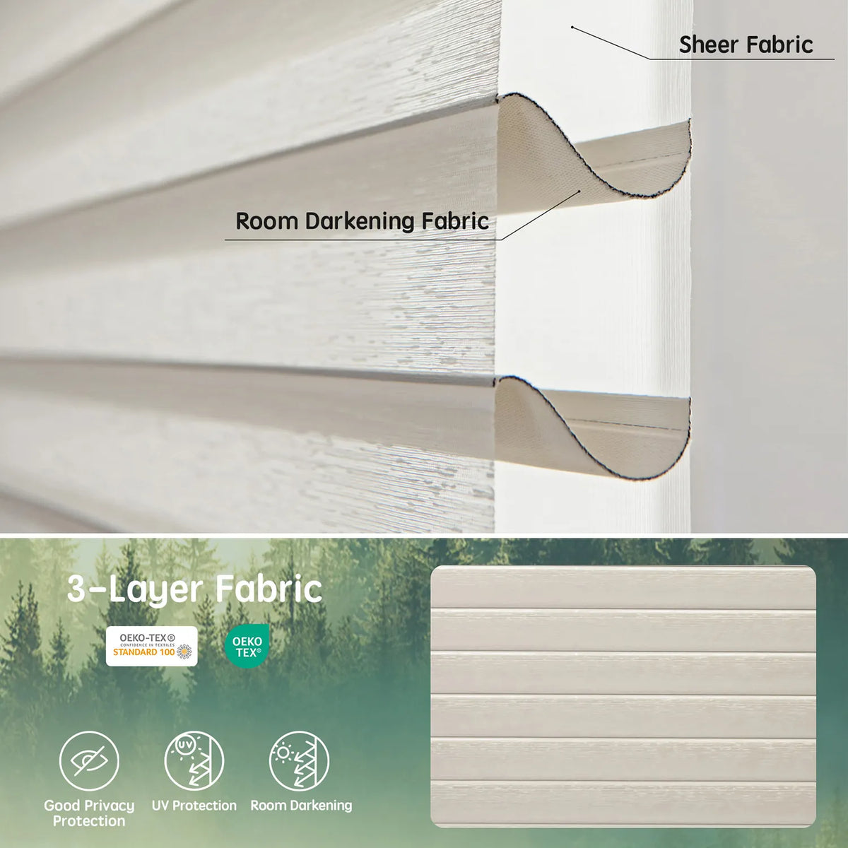 Texture beige 75mm 3-layer fabric for horizontal sheer shades, featuring one room darkening layer and two sheer layers for balanced light control, UV protection, and certified safety.