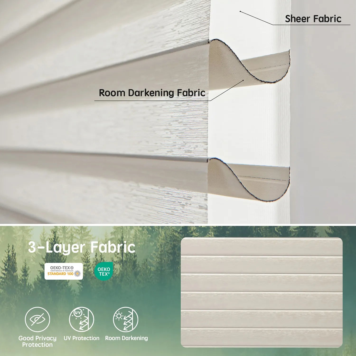 Texture beige 75mm 3-layer fabric for horizontal sheer shades, featuring one room darkening layer and two sheer layers for balanced light control, UV protection, and certified safety.