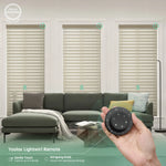 Texture beige 75mm sheer horizontal shades with remote control, supporting up to 16 shades simultaneously.
