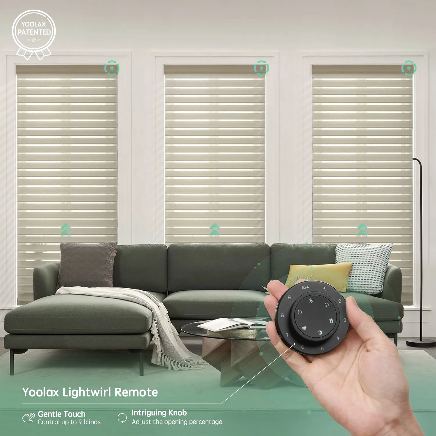 Texture beige 75mm sheer horizontal shades with remote control, supporting up to 16 shades simultaneously.