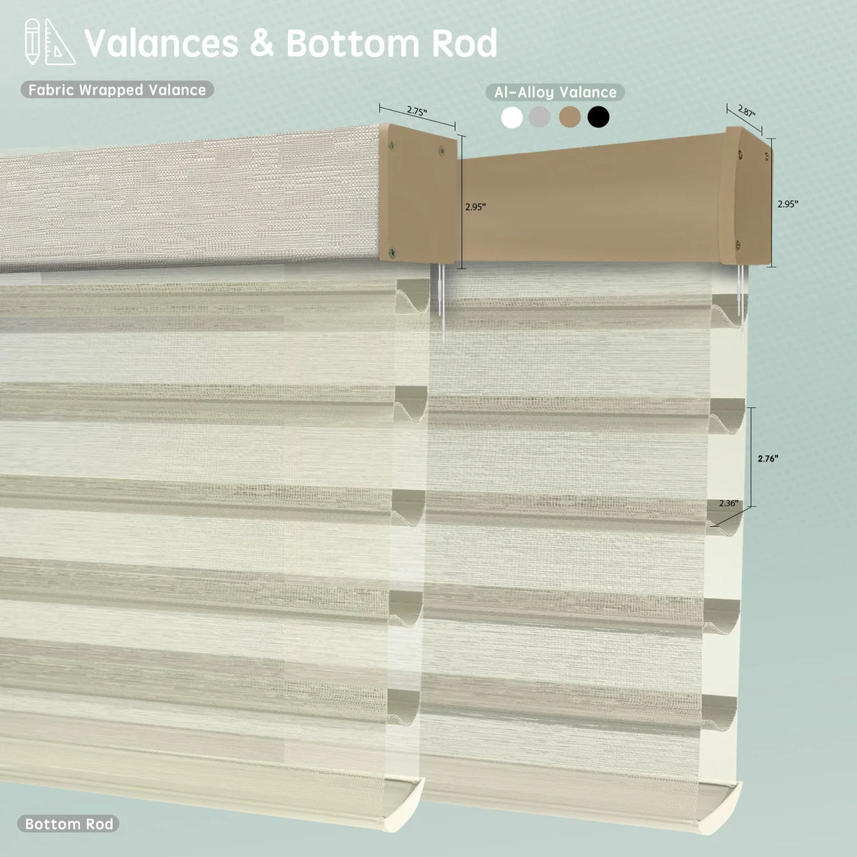 Sheer horizontal shades with texture beige fabric-wrapped or aluminum valance options, featuring bottom rods for a clean, structured finish.