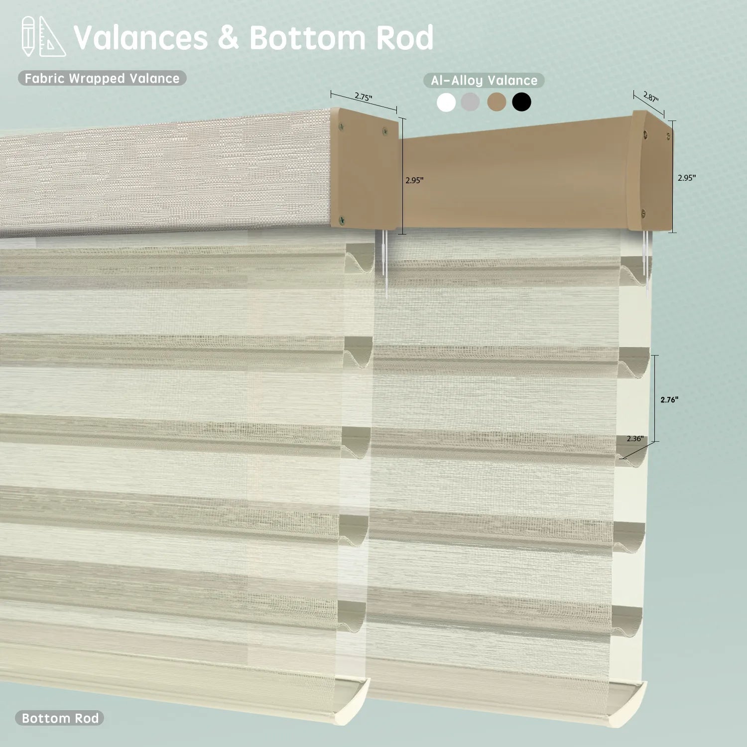 Sheer horizontal shades with texture beige fabric-wrapped or aluminum valance options, featuring bottom rods for a clean, structured finish.