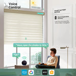 Texture beige 75mm sheer horizontal shades with voice control, compatible with Alexa, Google Home, Apple HomeKit, and more.