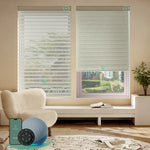 Motorized sheer horizontal shades with wide texture beige room darkening fabric, offering soft light and moderate privacy through smart control.