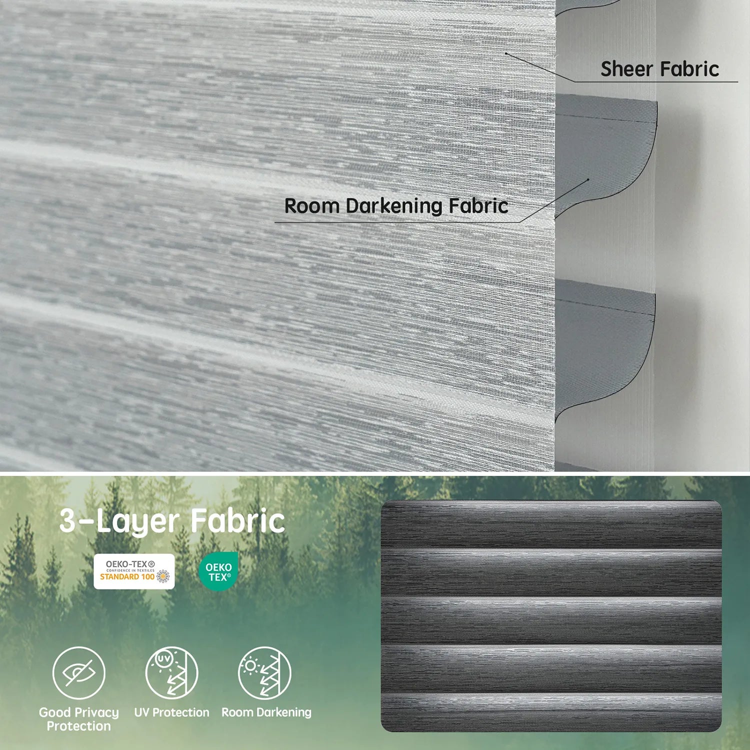 Texture grey 75mm 3-layer fabric for horizontal sheer shades, featuring one room darkening layer and two sheer layers for balanced light control, UV protection, and certified safety.