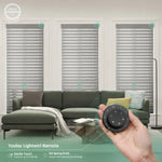 Texture grey 75mm sheer horizontal shades with remote control, supporting up to 16 shades simultaneously.