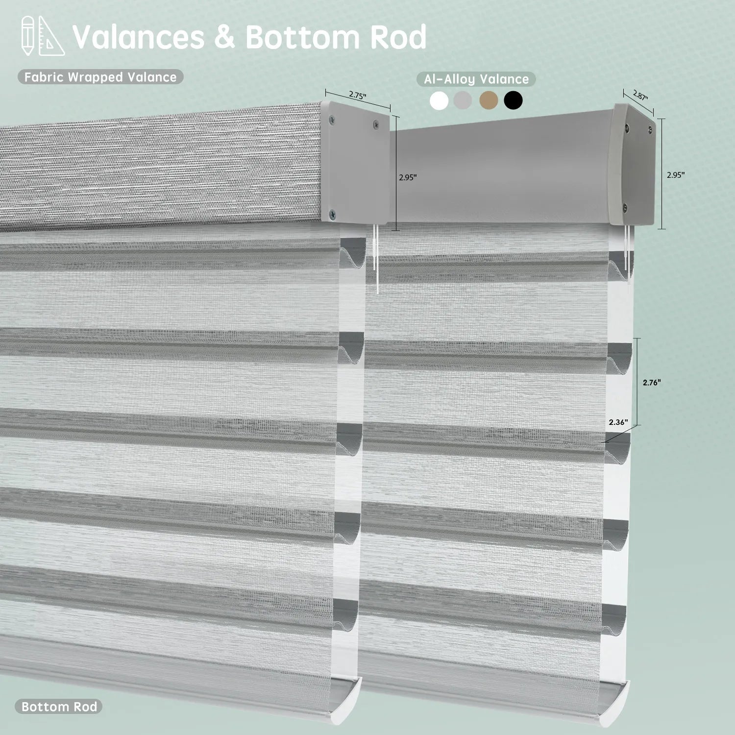 Sheer horizontal shades with texture grey fabric-wrapped or aluminum valance options, featuring bottom rods for a clean, structured finish.