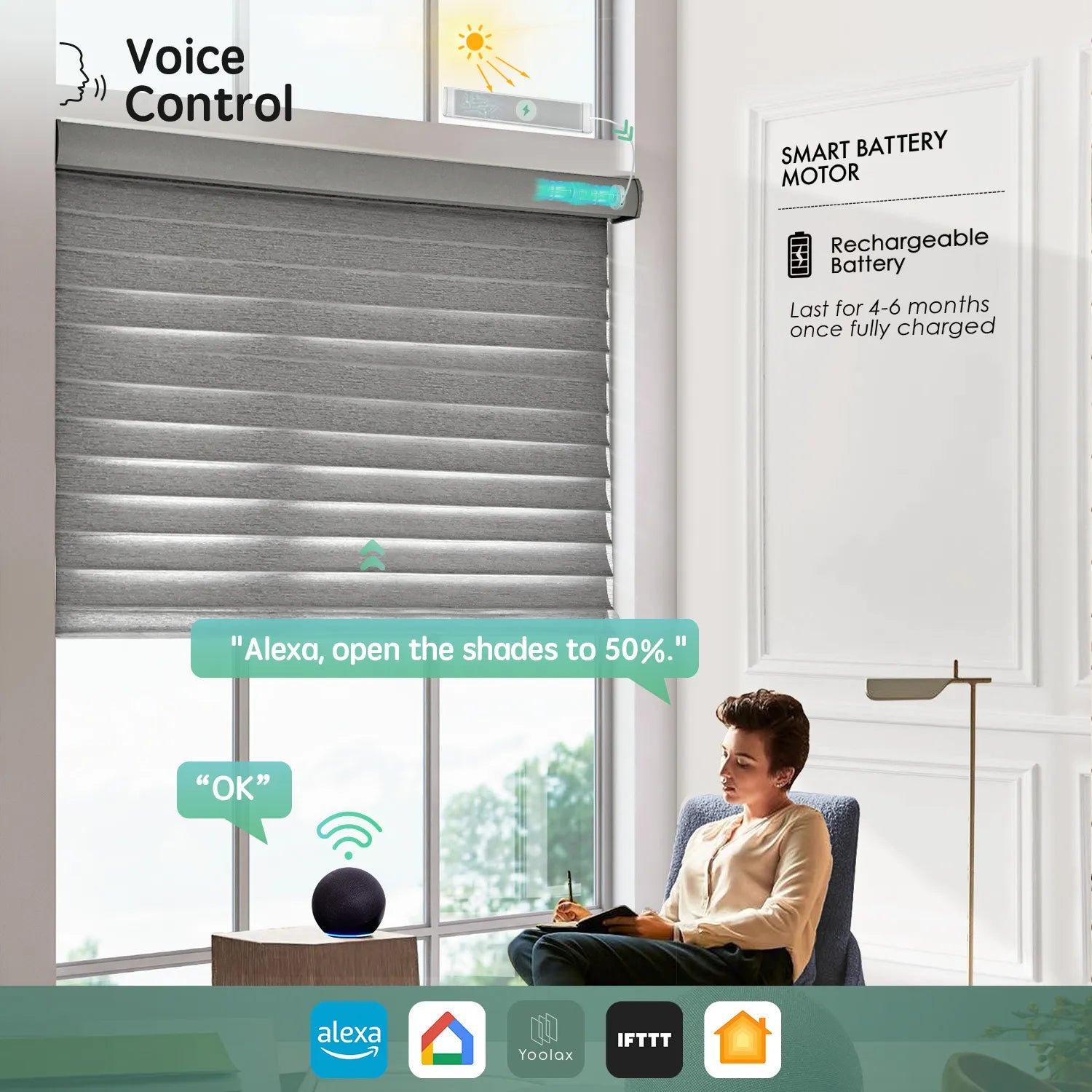 Texture grey 75mm sheer horizontal shades with voice control, compatible with Alexa, Google Home, Apple HomeKit, and more.