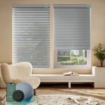 Motorized sheer horizontal shades with wide texture grey room darkening fabric, offering soft light and moderate privacy through smart control.