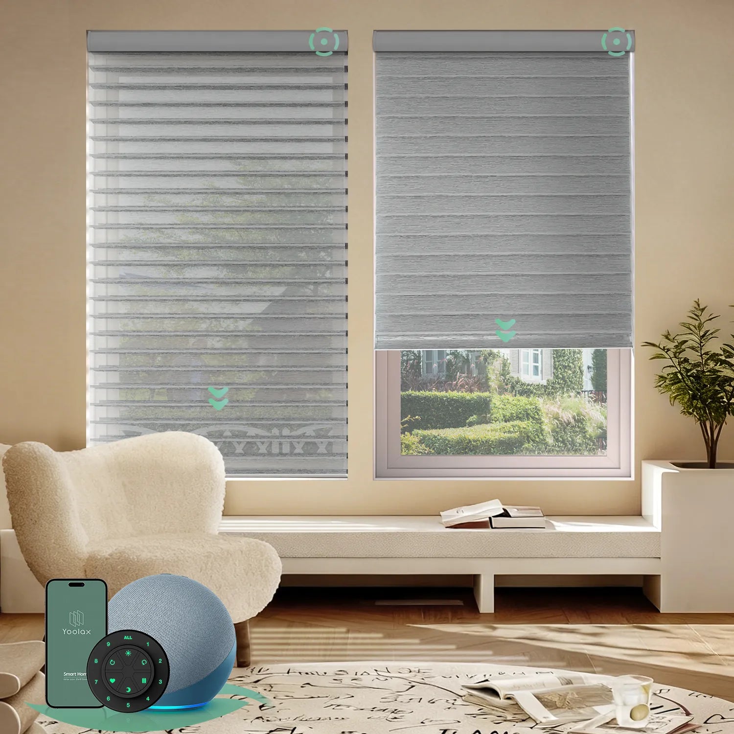 Motorized sheer horizontal shades with wide texture grey room darkening fabric, offering soft light and moderate privacy through smart control.