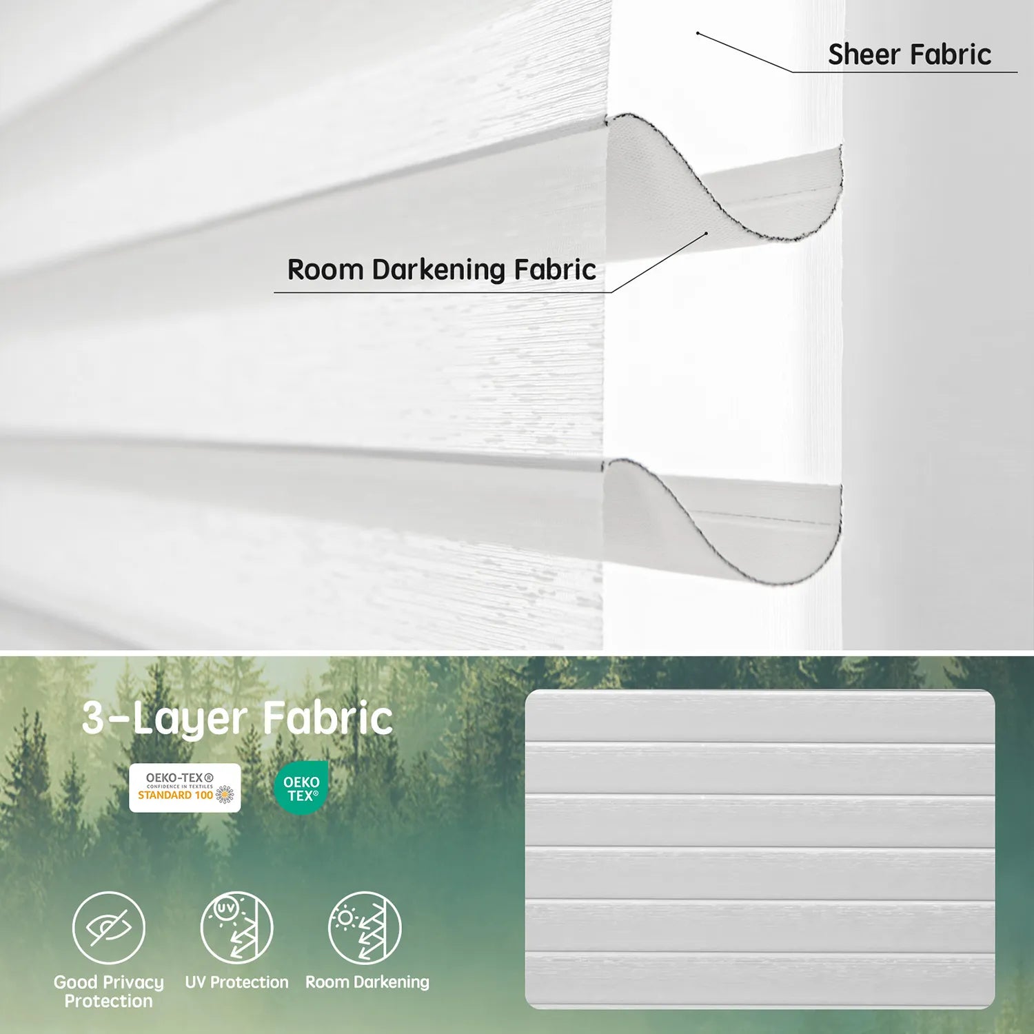 Texture white 75mm 3-layer fabric for horizontal sheer shades, featuring one room darkening layer and two sheer layers for balanced light control, UV protection, and certified safety.