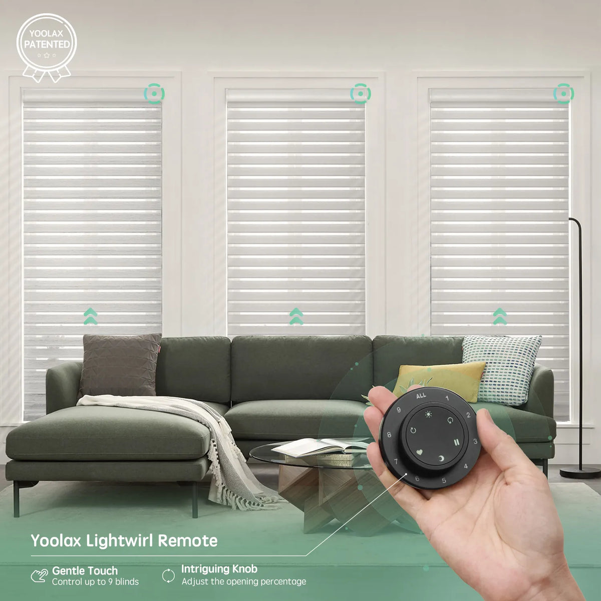 Texture white 75mm sheer horizontal shades with remote control, supporting up to 16 shades simultaneously.
