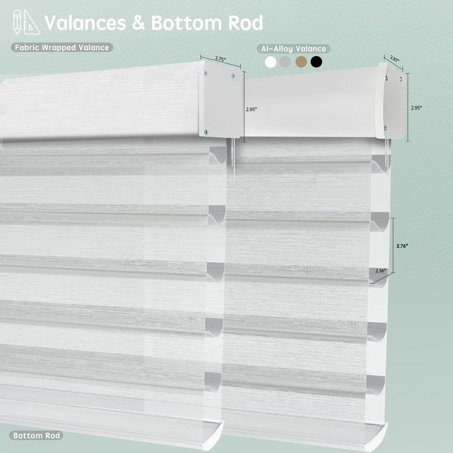 Sheer horizontal shades with texture white fabric-wrapped or aluminum valance options, featuring bottom rods for a clean, structured finish.