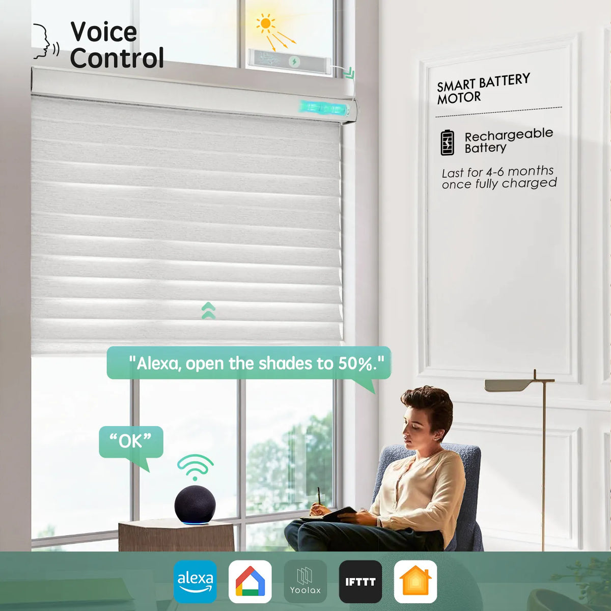 Texture white 75mm sheer horizontal shades with voice control, compatible with Alexa, Google Home, Apple HomeKit, and more.