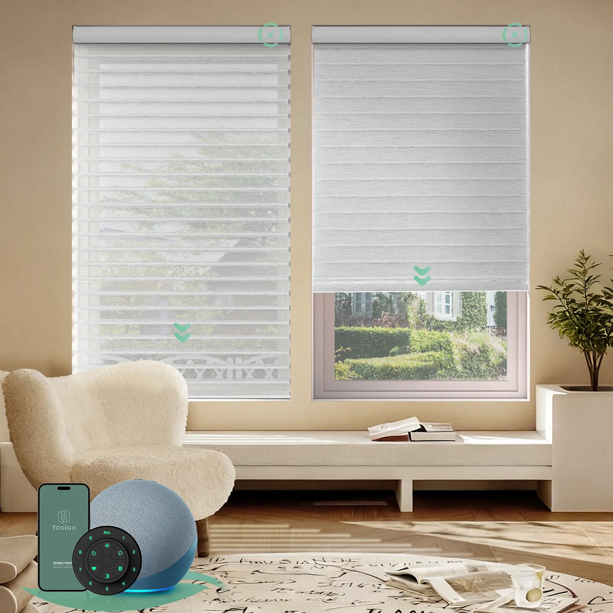 Motorized sheer horizontal shades with wide texture white room darkening fabric, offering soft light and moderate privacy through smart control.