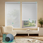 Motorized sheer horizontal shades with wide texture white room darkening fabric, offering soft light and moderate privacy through smart control.
